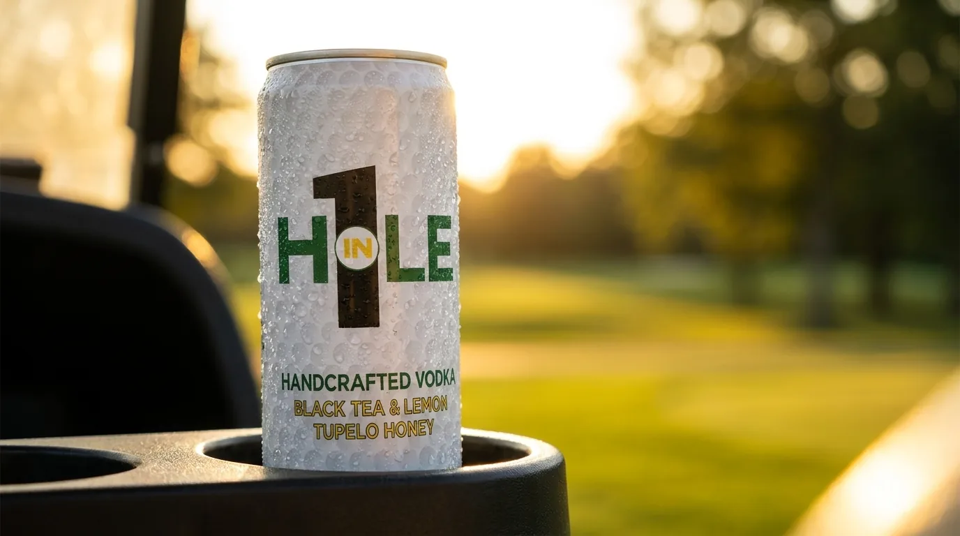 A Hole in 1 can in a golf cart cup holder.