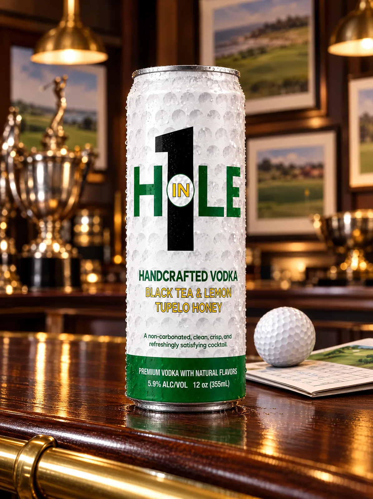 A Hole in 1 can on a clubhouse bar with trophies behind.