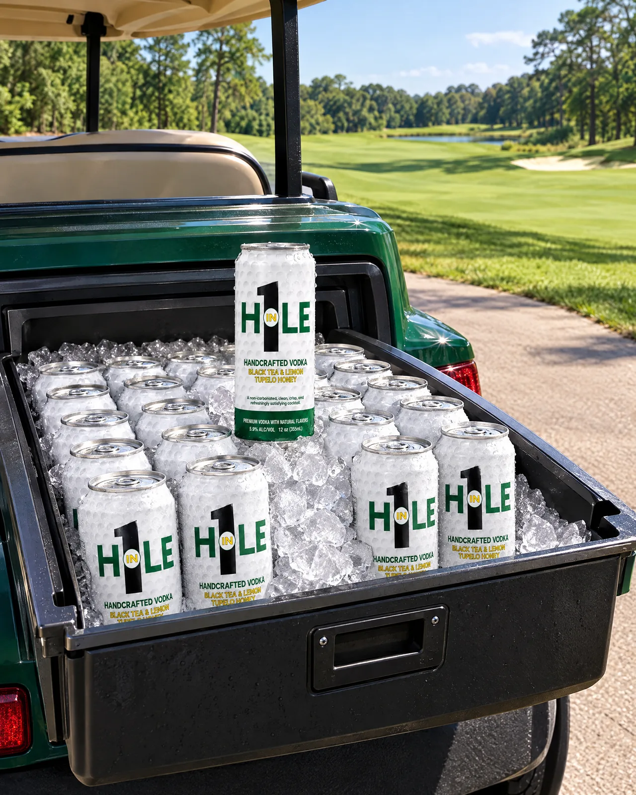A golf beverage cart cooler packed with iced Hole in 1 cans.