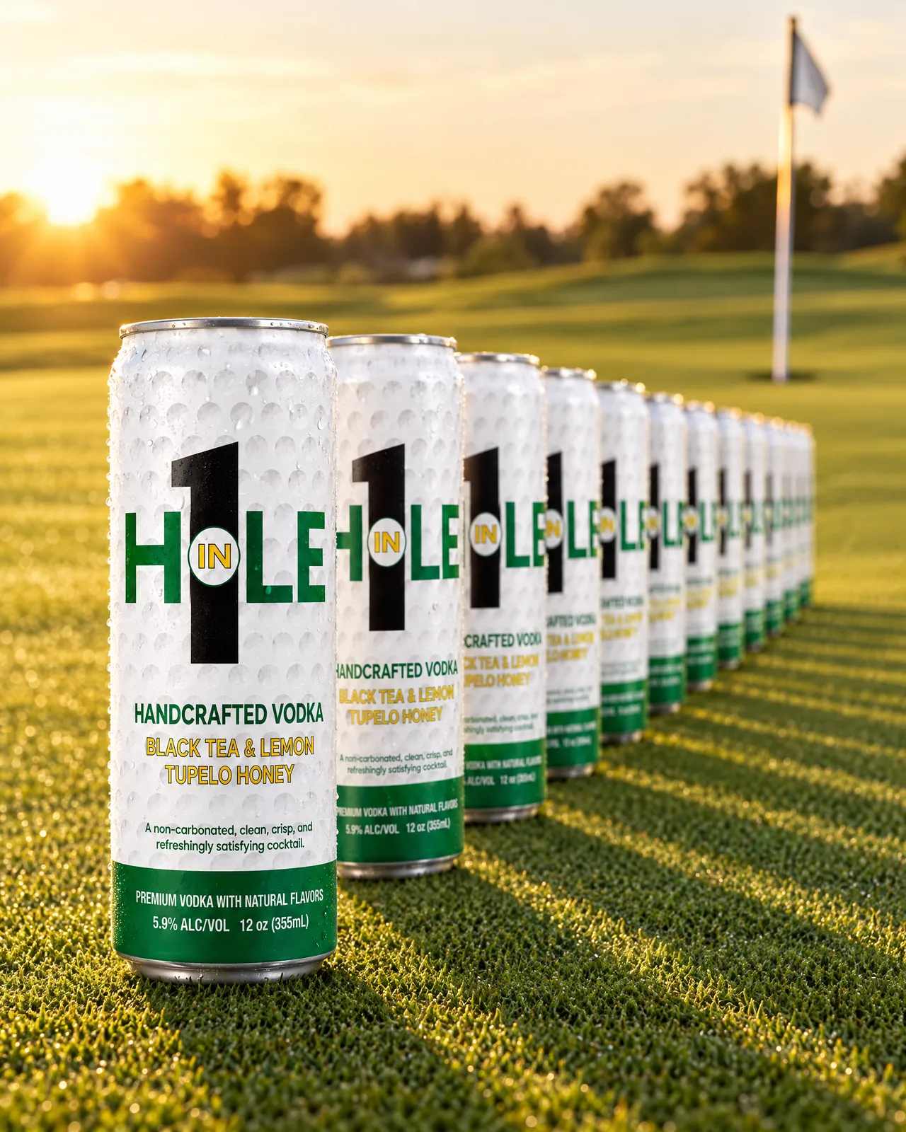A long row of Hole in 1 cans lined up across a putting green.
