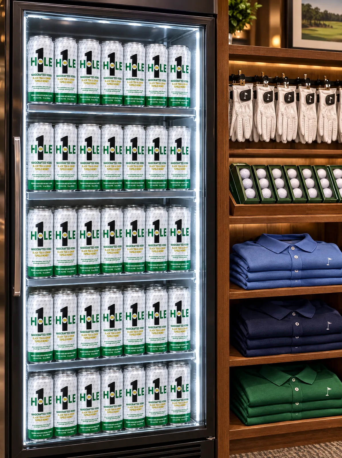 A pro shop cooler stocked with Hole in 1 cans.