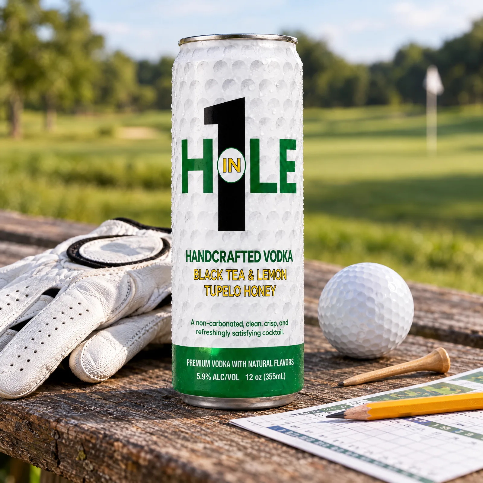 A Hole in 1 can on a course-side bench with a golf glove, ball, tee and scorecard.