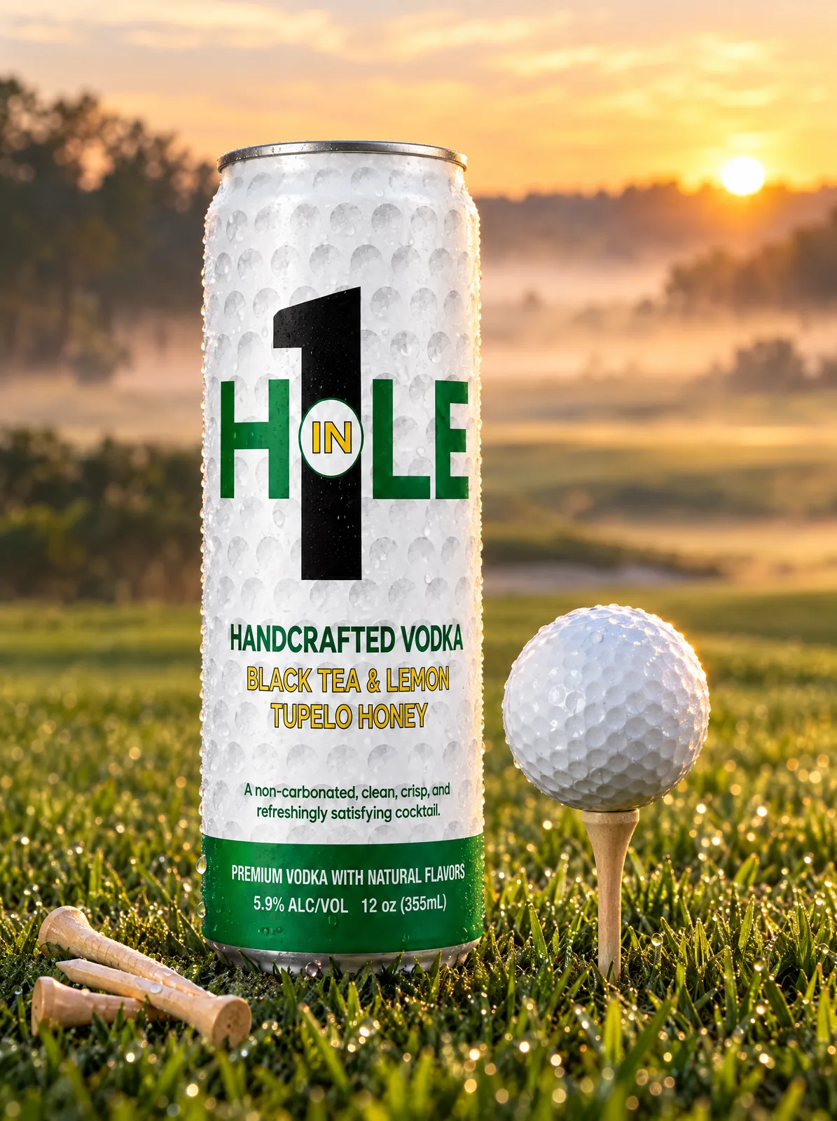 A Hole in 1 can on the tee box at sunrise beside a teed-up ball.