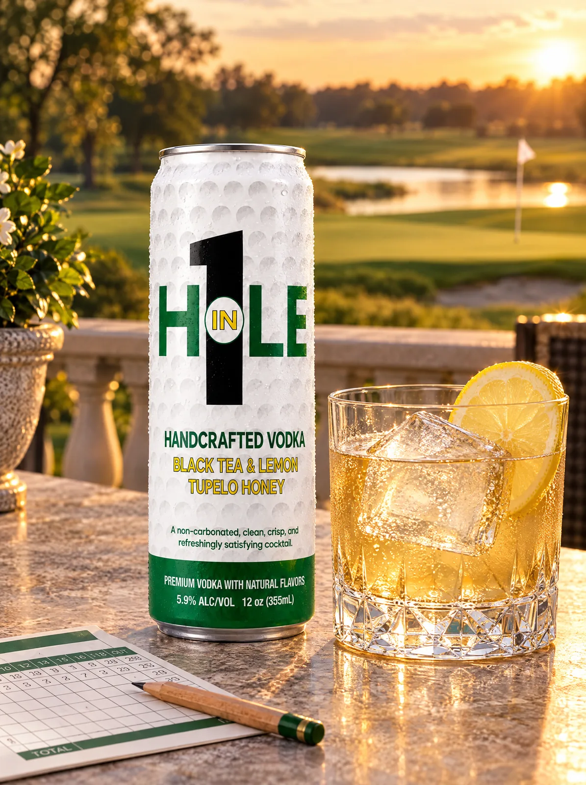 A Hole in 1 can and a poured glass over ice on a clubhouse terrace above the 18th green.