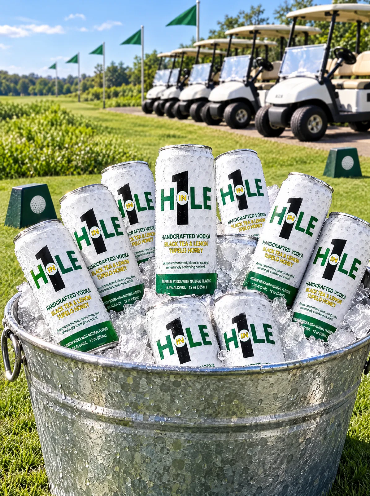 A tub of iced Hole in 1 cans at the first tee on tournament day.